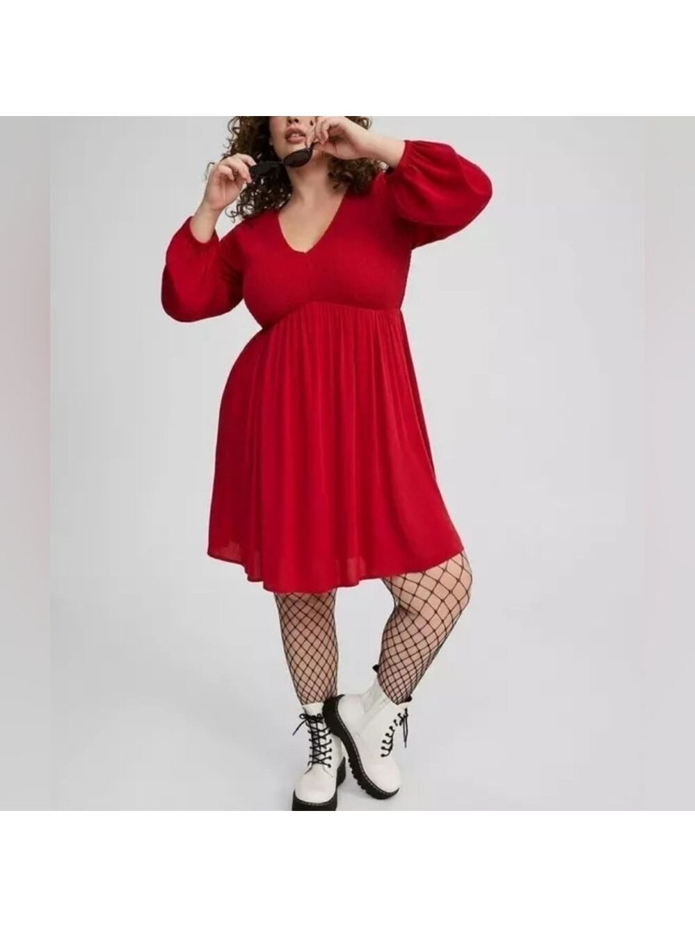 3X • Torrid • Jester Red Long Sleeve V-Neck Babydoll Mini Dress